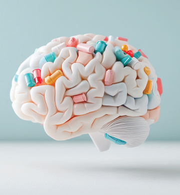 Conceptual model of a human brain embedded with colorful plastic fragments representing microplastics.