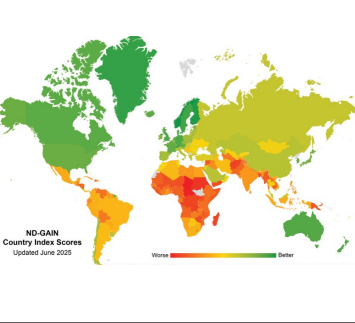 World map chart showing ND-GAIN country vulnerability scores to climate change from worse to better.